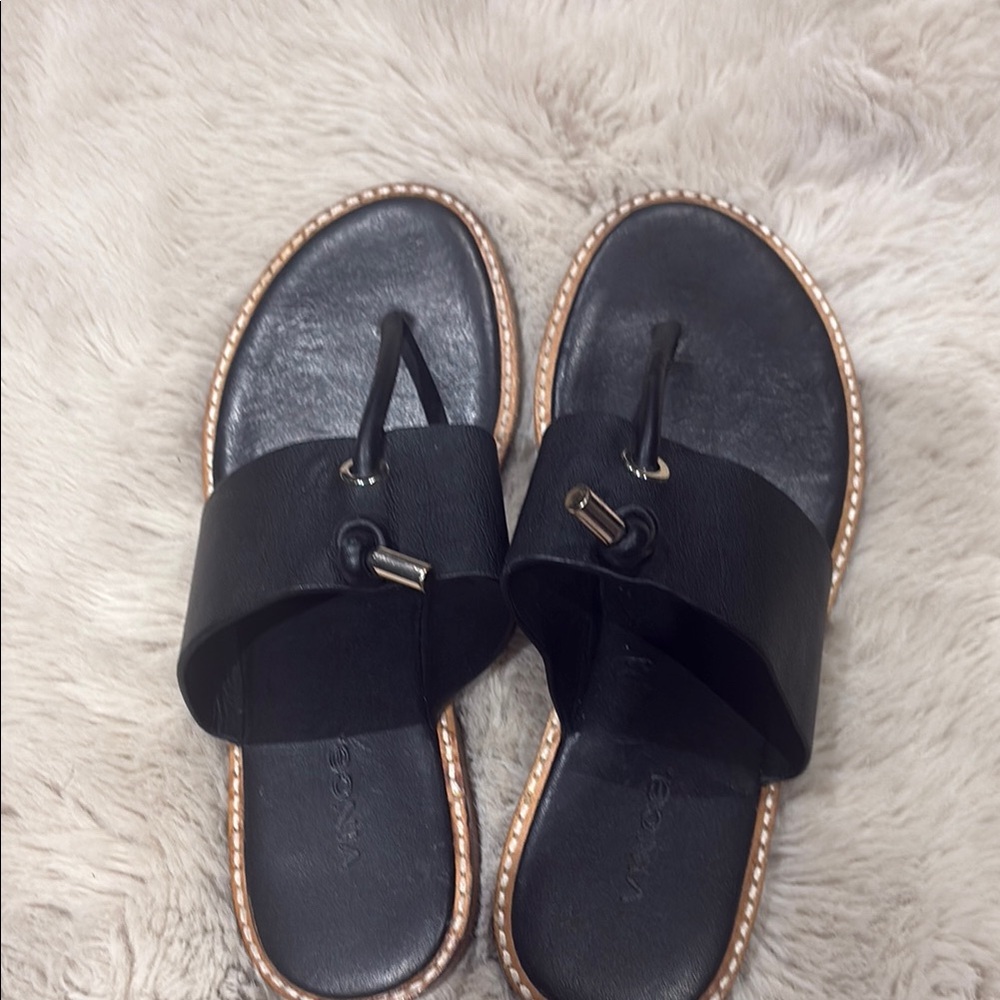 Vince Black Sandals with Thong Design and Leather-like Straps